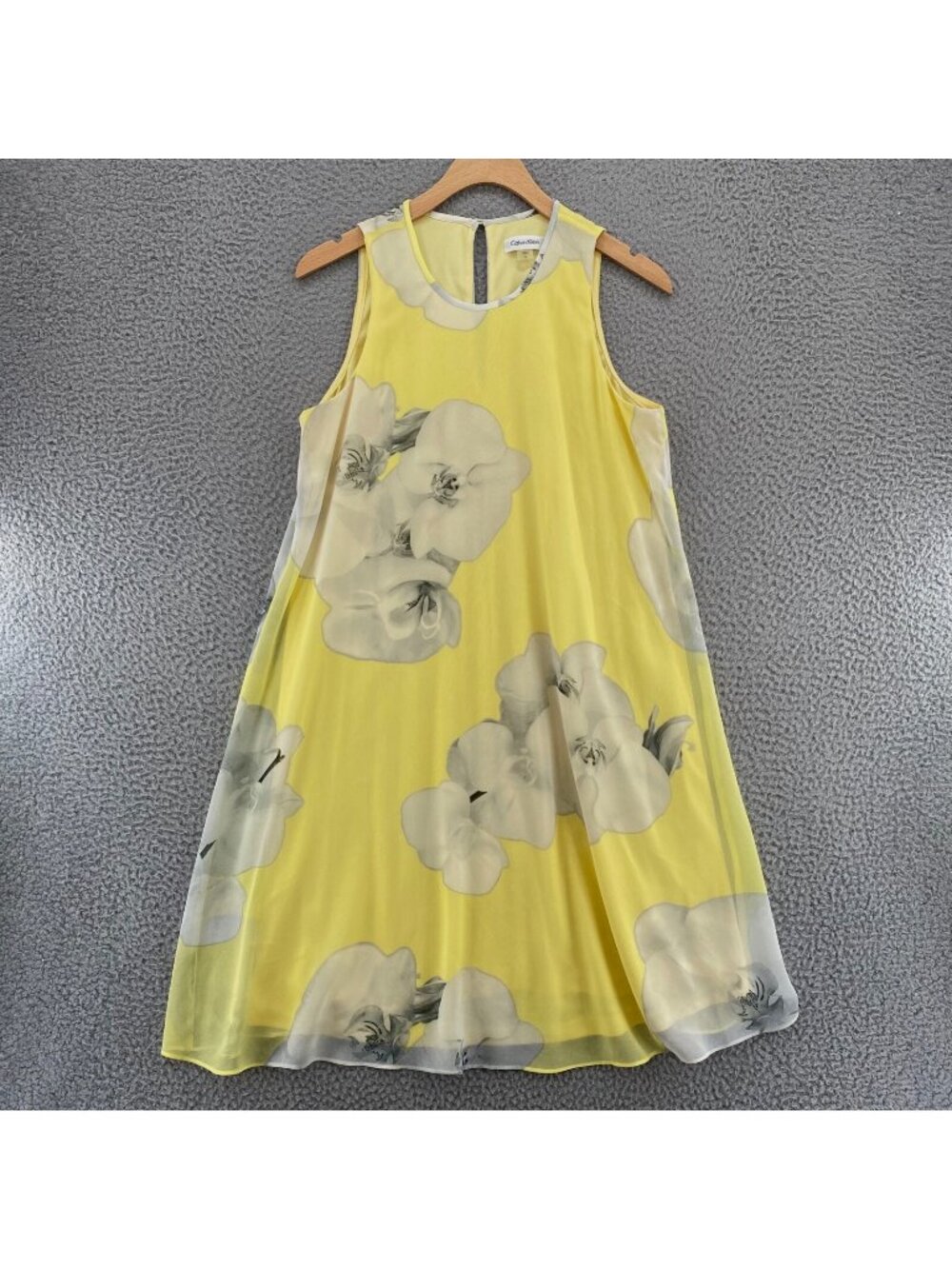 Calvin Klein Dress Womens 8 Yellow Floral Swing Sleeveless Shift Chiffon Mini